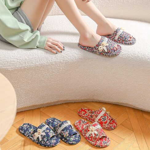 3 Pairs Floral Cotton House Slippers for Women, Open Toe Indoor Slippers Comfortable Washable Portable Foldable Guest Travel Hotel Airplane Spa Slippers in Kuwait