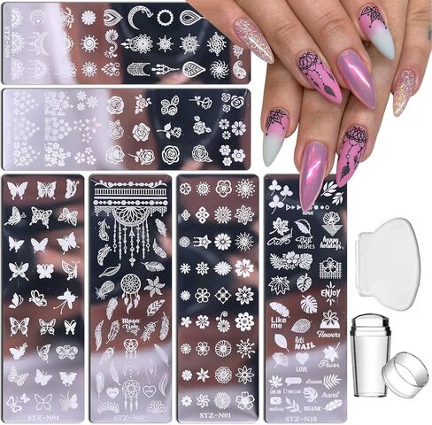 مجموعة لوحات ختم الاظافر مكونة من 6 قطع + 1 ختم + 1 مكشطة فراشة وزهرة وريش وزهور القيقب والورود وقالب لوحة اظافر للنساء بتصميم كلاسيكي عصري in Kuwait