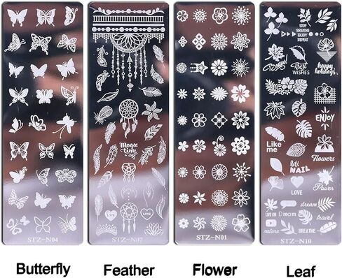 مجموعة لوحات ختم الاظافر مكونة من 6 قطع + 1 ختم + 1 مكشطة فراشة وزهرة وريش وزهور القيقب والورود وقالب لوحة اظافر للنساء بتصميم كلاسيكي عصري in Kuwait