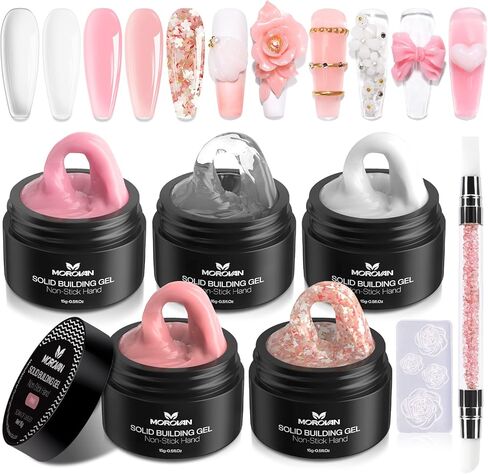 مجموعة جل أظافر مورفان الصلبة - 5 ألوان جل صلب للأظافر، جل بناء جل صلب غير لزج، مجموعة وصلات أظافر هلامية مع قلم قالب سيليكون ثلاثي الأبعاد لنحت الأظافر في صالونات التجميل للاستخدام المنزلي in Kuwait