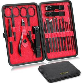 ZIZZON Manicure Set 18 in 1 Professional Pedicure Set Nail scissors Grooming Kit with Leather Travel Case (Black/Red)