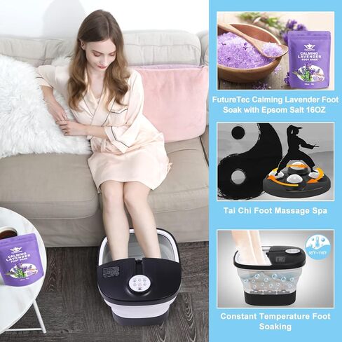 جهاز تدليك حمام سبا للقدم مزود بمحرك مع فقاعات حرارية وتدليك بالاهتزاز ونفاثات، 16 أونصة من ملح إبسوم للقدم باللافندر، دلو حمام للقدم قابل للطي مع 24 كرة تدليك تلقائية، بالأشعة تحت الحمراء وجهاز التحكم عن بعد in Kuwait
