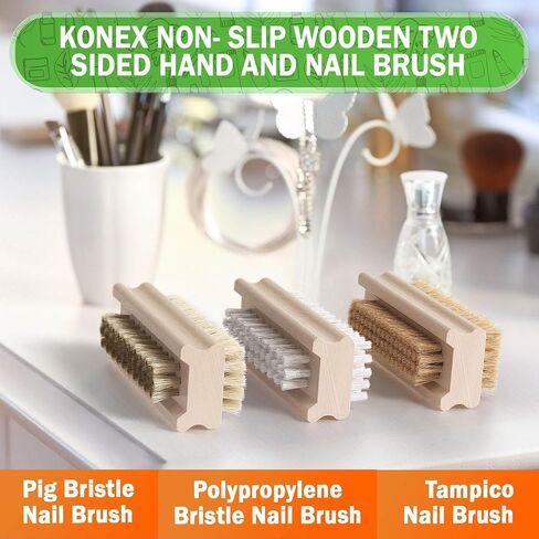 Konex Non-Slip Wooden Two-sided Hand and Nail Brush. Fingernail Brush for Nail Cleaning and Scrubbing. Heavy duty Stiff Nail Brush for Travel. Mechanic hand scrub brush with molded grip. in Saudi Arabia
