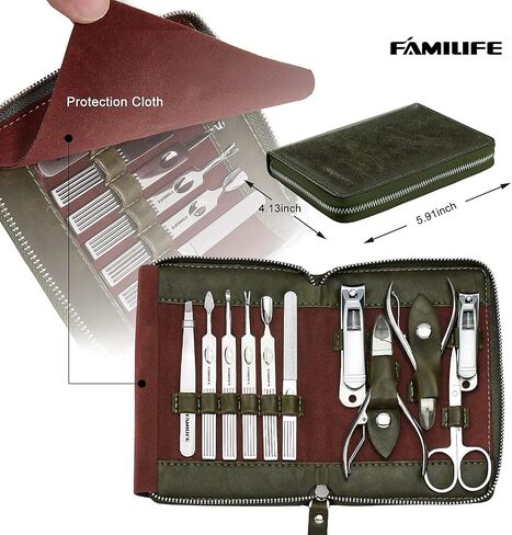 FAMILIFE Nail Kit, Professional Manicure Set Manicure Kit, 11 in 1 Stainless Steel Nail Clippers Set Pedicure Tools Kit, Men Grooming Kit with Portable Blue Leather Travel Case Luxury Gifts for Him in Saudi Arabia