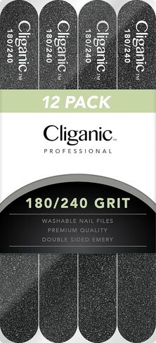 12 Pack Nail File Set: 180/240 Grit | Professional Emery Boards for Natural, Gel & Acrylic Nails | Washable Double Sided Kit | Cliganic 90 Days Warranty in Saudi Arabia