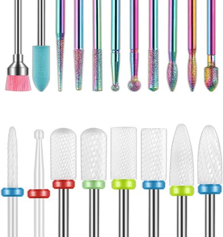 19pcs Nail Drill Bits Sets, 3/32 Inch Diamond Cuticle Electric Nail File and Ceramic Acrylic Gel Nail Bit Kit, Acrylic Nail Art Tools, Carbide Cuticle Remover Bits for Manicure Pedicure, Home Salon in Saudi Arabia