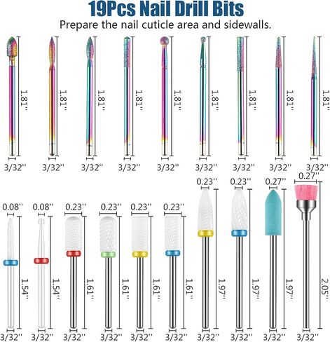 19pcs Nail Drill Bits Sets, 3/32 Inch Diamond Cuticle Electric Nail File and Ceramic Acrylic Gel Nail Bit Kit, Acrylic Nail Art Tools, Carbide Cuticle Remover Bits for Manicure Pedicure, Home Salon in Saudi Arabia