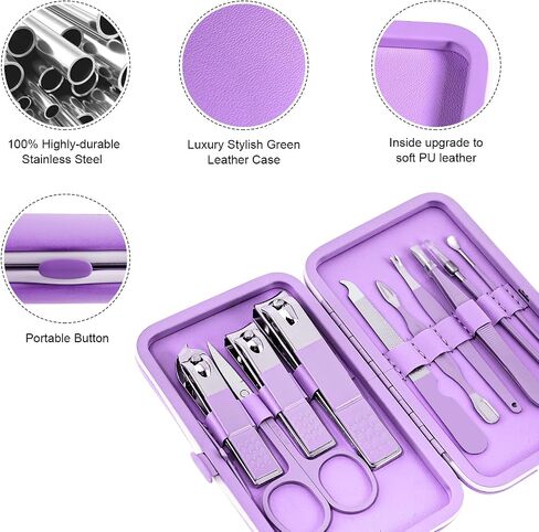 Manicure Set 10pcs Professional Nail Clippers Kit Pedicure Care Tools-Stainless Steel Grooming Tools for Travel (Violet) in Kuwait