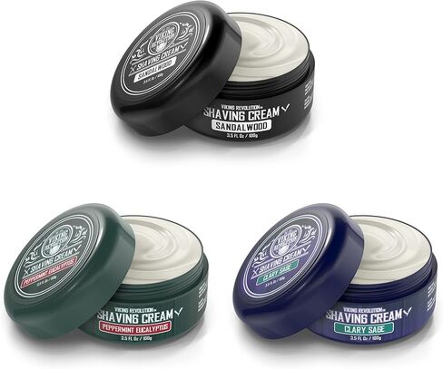 كريم حلاقة فاخر من 3 عبوات - خشب الصندل والنعناع والأوكالبتوس، المريمية المتصلبة - صابون حلاقة ناعم وناعم وحريري - رغوة غنية للحصول على حلاقة أكثر نعومة - 100 مل in Kuwait