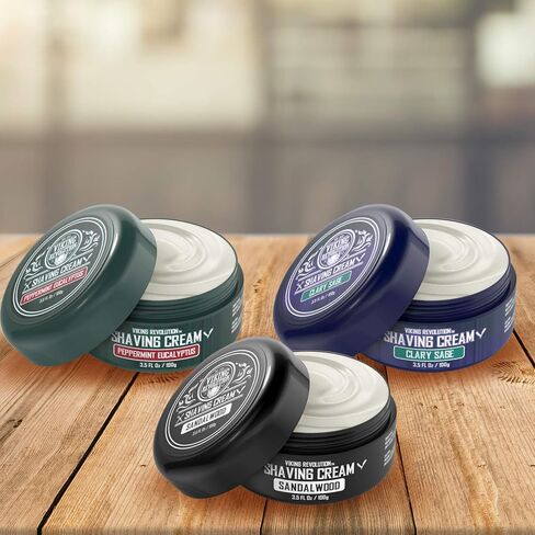 كريم حلاقة فاخر من 3 عبوات - خشب الصندل والنعناع والأوكالبتوس، المريمية المتصلبة - صابون حلاقة ناعم وناعم وحريري - رغوة غنية للحصول على حلاقة أكثر نعومة - 100 مل in Kuwait
