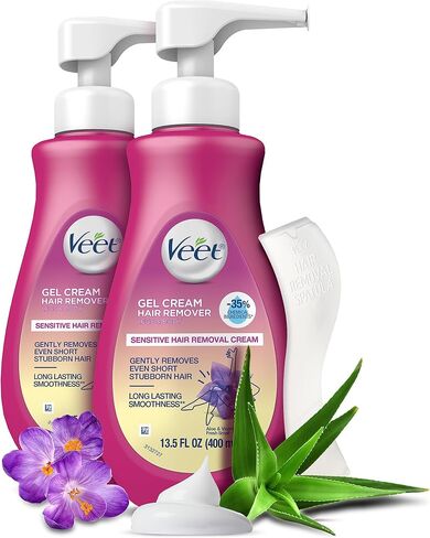 VEET Sensitive Skin Hair Removal Cream For Women, Painless Bikini Hair Removal Gel, Dermatologically Tested Depilatory Cream For Intimate Areas, 13.5 FL OZ Pump Bottle with Tool in Kuwait