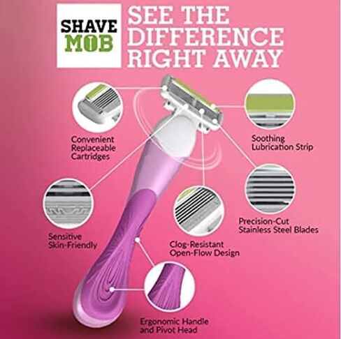 مجموعة شفرات الحلاقة النسائية ShaveMOB ذات 6 شفرات (مقبض رأس مرن + 12 عبوة إضافية) - مجموعة الحلاقة المثالية in Kuwait
