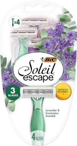 BIC Soleil Escape Women's Disposable Razors, 4 Blade Ladies Razors, Moisture Strip With 100% Natural Almond Oil, Lavender and Eucalyptus Scented Handles, 4 Pack in Saudi Arabia