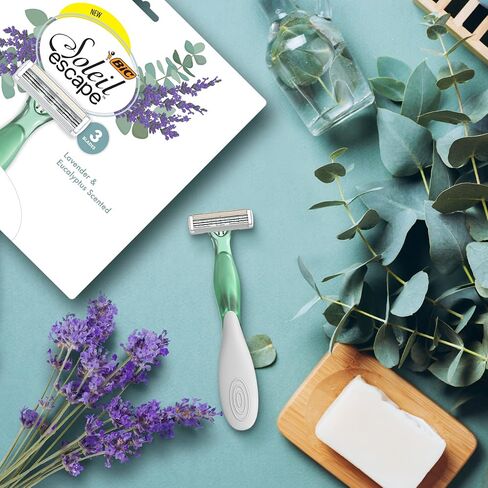 BIC Soleil Escape Women's Disposable Razors, 4 Blade Ladies Razors, Moisture Strip With 100% Natural Almond Oil, Lavender and Eucalyptus Scented Handles, 4 Pack in Saudi Arabia