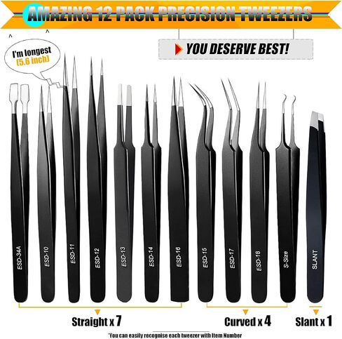 Antonki Tweezers, Precision Tweezers Set, Craft Tweezer Kit, Soldering Tweezers, Jewelry Tweezers, Pointed Ingrown Hair Tweezers, Eyelash Extension Tweezers, Eyebrow Tweezers - 12 Pack with Case in Saudi Arabia