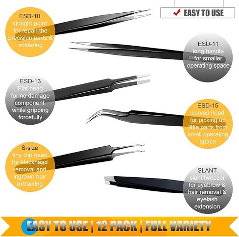 Antonki Tweezers, Precision Tweezers Set, Craft Tweezer Kit, Soldering Tweezers, Jewelry Tweezers, Pointed Ingrown Hair Tweezers, Eyelash Extension Tweezers, Eyebrow Tweezers - 12 Pack with Case in Saudi Arabia