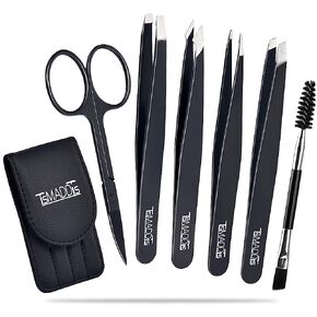 TsMADDTs Eyebrow Tweezer Set, 6 Pcs Tweezers Set for Women, Precision Tweezer for Eyebrows with Curved Scissors for Ingrown Hair, Hair Plucking Daily Beauty Tools with Leather Travel Case