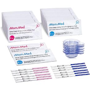 شرائط اختبار التبويض من MomMed، اختبارات التبويض والحمل (LH50-HCG20)، تتضمن 50 اختبار إباضة و20 اختبار حمل مع 70 كوب بول، وتتبع الإباضة بدقة واكتشاف الحمل المبكر in Kuwait