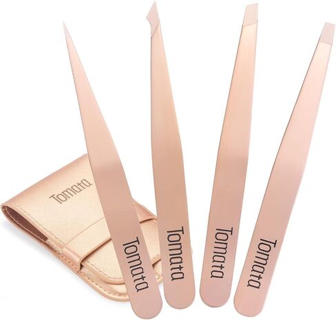 Tweezers for Eyebrows, Slant Tip and Pointed Eyebrow Tweezer Set Great Precision for Eyebrows Facial Hair, Ingrown Hair, Splinter, Blackhead and Tick Remover (4-piece) (pink) in Kuwait