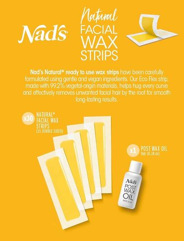 Nad's Facial Wax Strips - Natural All Skin Types - Waxing Kit With 30 Face Wax Strips & Post Wax Oil, 1 Count in Kuwait