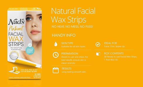 Nad's Facial Wax Strips - Natural All Skin Types - Waxing Kit With 30 Face Wax Strips & Post Wax Oil, 1 Count in Kuwait