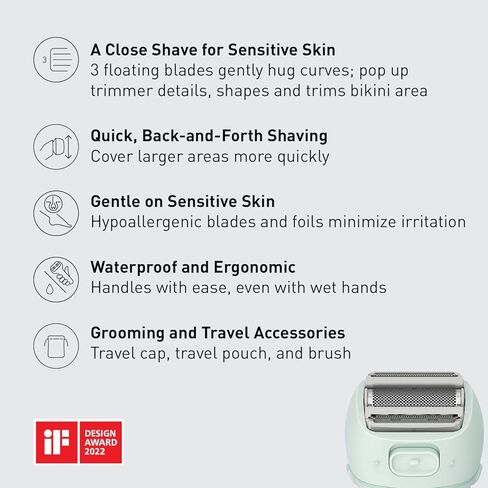 ماكينة حلاقة كهربائية ذات منحنيات قريبة من باناسونيك للنساء، ماكينة حلاقة لاسلكية 3 شفرات مع أداة تشذيب منبثقة، تشغيل جاف ورطب - ES-WL60-G (نعناعي) in Kuwait