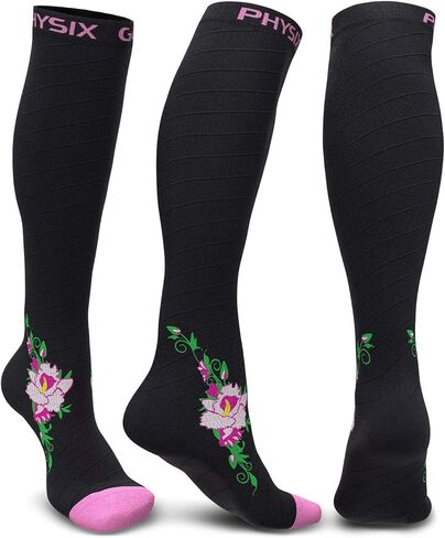 Physix Gear Compression Socks for Men & Women 20-30 mmhg, Best Graduated Athletic Fit for Running Nurses Shin Splints Flight Travel & Maternity Pregnancy - Boost Stamina Circulation - Pink Flower S-M in Saudi Arabia