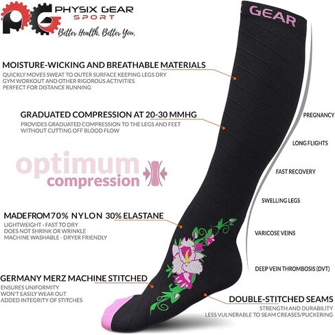 Physix Gear Compression Socks for Men & Women 20-30 mmhg, Best Graduated Athletic Fit for Running Nurses Shin Splints Flight Travel & Maternity Pregnancy - Boost Stamina Circulation - Pink Flower S-M in Saudi Arabia