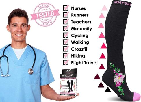 Physix Gear Compression Socks for Men & Women 20-30 mmhg, Best Graduated Athletic Fit for Running Nurses Shin Splints Flight Travel & Maternity Pregnancy - Boost Stamina Circulation - Pink Flower S-M in Saudi Arabia