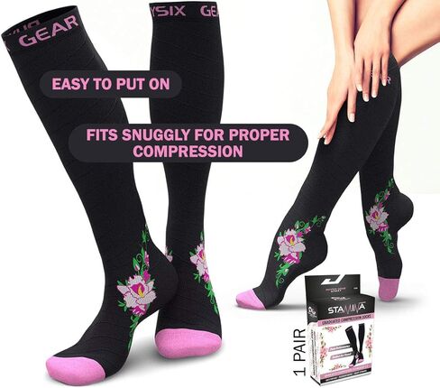 Physix Gear Compression Socks for Men & Women 20-30 mmhg, Best Graduated Athletic Fit for Running Nurses Shin Splints Flight Travel & Maternity Pregnancy - Boost Stamina Circulation - Pink Flower S-M in Saudi Arabia