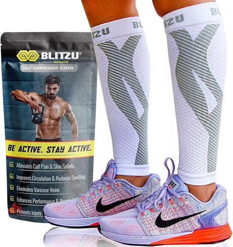 BLITZU Calf Compression Sleeves, Footless Compression Socks for Men & Women | Leg Support Brace, Shin Splint Pain Relief, Reduce Varicose Vein Swelling, Muscle Recovery, Running, Nursing, Fitness, Travel in Saudi Arabia