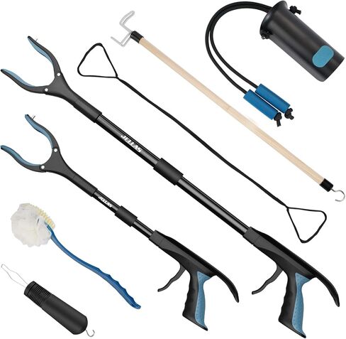 7-Piece Hip Replacement Recovery Kit, 2 Pcs Foldable Grabbers (32" & 23") with Shoehorn, Sock Aid Device, Dressing Aids Stick for Elderly, Button Hook, Leg Lifter, Long Handled Bath Sponge in Kuwait