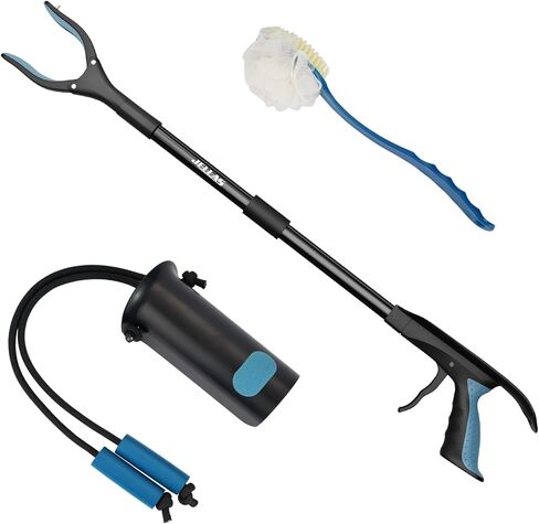 3-Piece Hip Knee Replacement Recovery Kit, Jellas 32-inch Foldable Reacher Grabber with Shoehorn, Sock Aid Device for Seniors, 14-inch Bath Sponge 2 Sides in Kuwait