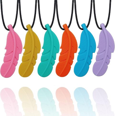 Sensory Chew Necklace for Kids, Boys and Girls, 5 Pack Silicone Feather Chewy Necklaces for Autism, ADHD, Chewing, Oral Motor Chewable Pendant for Mild Chewers in Saudi Arabia