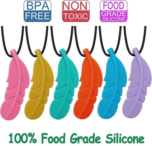 Sensory Chew Necklace for Kids, Boys and Girls, 5 Pack Silicone Feather Chewy Necklaces for Autism, ADHD, Chewing, Oral Motor Chewable Pendant for Mild Chewers in Saudi Arabia