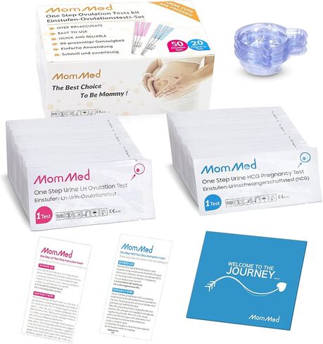 MomMed Ovulation Test Strips, Ovulation and Pregnancy Tests (LH50-HCG20), Includes 50 Ovulation Tests and 20 Pregnancy Tests with 70 Urine Cups, Accurately Track Ovulation and Detect Early Pregnancy in Saudi Arabia