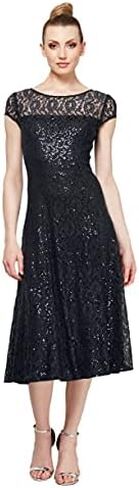 S.L. Fashions Women's Short Sleeve Tea Length Fit and Flare Dress (Petite Missy) in Saudi Arabia