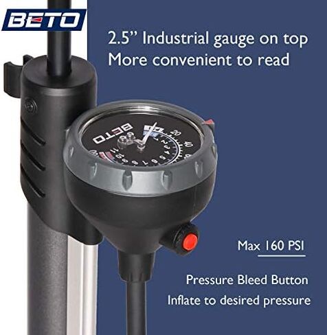 Beto Bike Pump Portable - Bicycle Floor Pump with Industrial Top-Mounted Gauge & Air Bleed Button - Presta Schrader Dunlop Valve Universal, Steel Tube 160 Psi Max (Sliver) in Kuwait
