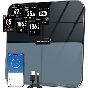 ABLEGRID Body Fat Scale, Smart WiFi Digital Bathroom Scale for Body Weight and Fat, Flip TFT Display, 16 Accurate Body Composition Scale BMI Heart Rate Trends, Baby Mode, 400lb, Rechargeable, Black in Kuwait