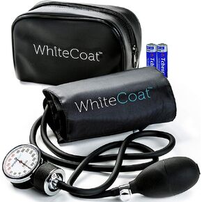 جهاز قياس ضغط الدم اللاسائلي الفاخر ذو المعطف الأبيض لمراقبة ضغط الدم مع الكفة السوداء بحجم الكبار وحقيبة الحمل in Kuwait