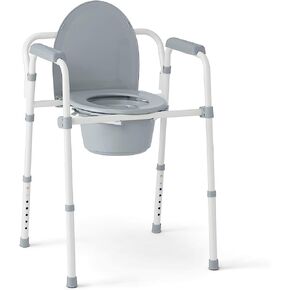 Medline 3-in-1 Steel Bedside Commode, Elongated Seat, Sturdy Folding Frame, 7.5 QT. Bucket, 350 lb. Weight Capacity, Clip-on Seat, Easy Cleaning, Tool-Free Assembly, Gray