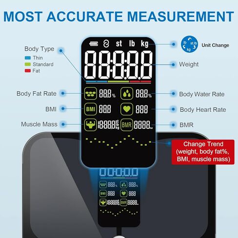 مقياس دهون الجسم، مقياس عرض كبير من Lepulse لوزن الجسم، مقياس حمام رقمي عالي الدقة، مقياس الوزن الذكي لمؤشر كتلة الجسم مع معدل ضربات القلب للعضلات والدهون في الجسم، 15 تركيبة للجسم مع الاتجاه in Kuwait