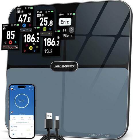 ABLEGRID Body Fat Scale, Smart WiFi Digital Bathroom Scale for Body Weight and Fat, Flip TFT Display, 16 Accurate Body Composition Scale BMI Heart Rate Trends, Baby Mode, 400lb, Rechargeable, Black in Kuwait