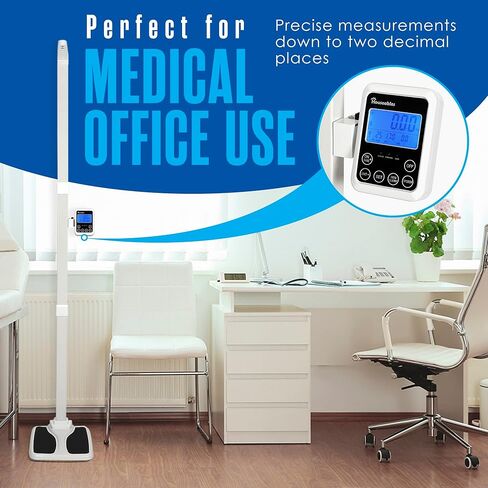 Houseables Medical Scale, Digital, Touchless Sonar Stadiometer, L18" x W14" x H86", White, 440 lbs. Doctor Physician Professional Scales, Weight Limit, Eye Level, Calculate BMI, Body Fat, Height Rod in Kuwait