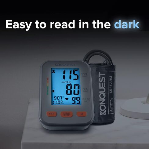 جهاز مراقبة ضغط الدم الأوتوماتيكي من أعلى الذراع من Konquest KBP-2704A - سوار قابل للتعديل - شاشة كبيرة بإضاءة خلفية - كاشف ضربات القلب غير المنتظمة - مقياس التوتر in Kuwait