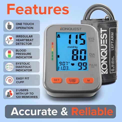 جهاز مراقبة ضغط الدم الأوتوماتيكي من أعلى الذراع من Konquest KBP-2704A - سوار قابل للتعديل - شاشة كبيرة بإضاءة خلفية - كاشف ضربات القلب غير المنتظمة - مقياس التوتر in Kuwait
