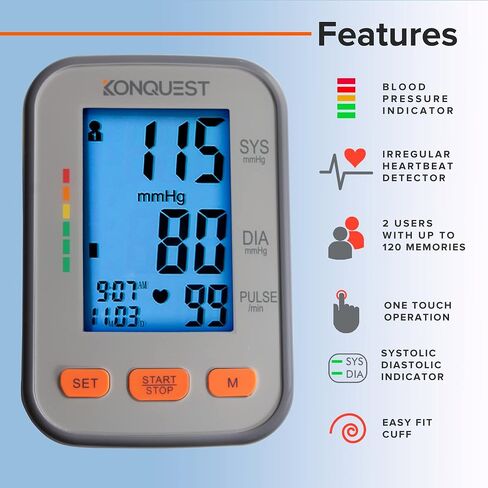 جهاز مراقبة ضغط الدم الأوتوماتيكي من أعلى الذراع من Konquest KBP-2704A - سوار قابل للتعديل - شاشة كبيرة بإضاءة خلفية - كاشف ضربات القلب غير المنتظمة - مقياس التوتر in Kuwait