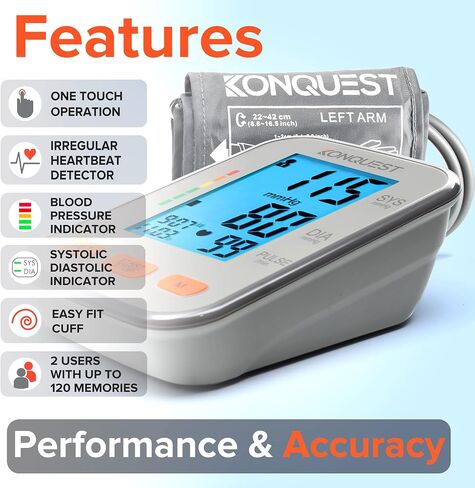 جهاز مراقبة ضغط الدم الأوتوماتيكي من أعلى الذراع من Konquest KBP-2704A - سوار قابل للتعديل - شاشة كبيرة بإضاءة خلفية - كاشف ضربات القلب غير المنتظمة - مقياس التوتر in Kuwait