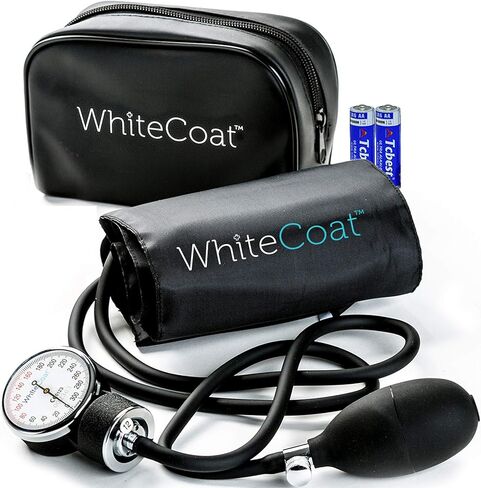 جهاز قياس ضغط الدم اللاسائلي الفاخر ذو المعطف الأبيض لمراقبة ضغط الدم مع الكفة السوداء بحجم الكبار وحقيبة الحمل in Kuwait