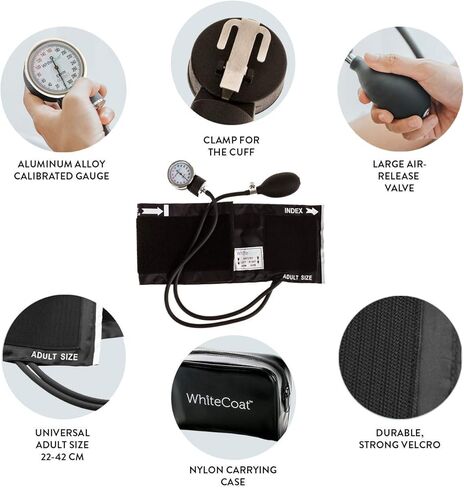 جهاز قياس ضغط الدم اللاسائلي الفاخر ذو المعطف الأبيض لمراقبة ضغط الدم مع الكفة السوداء بحجم الكبار وحقيبة الحمل in Kuwait
